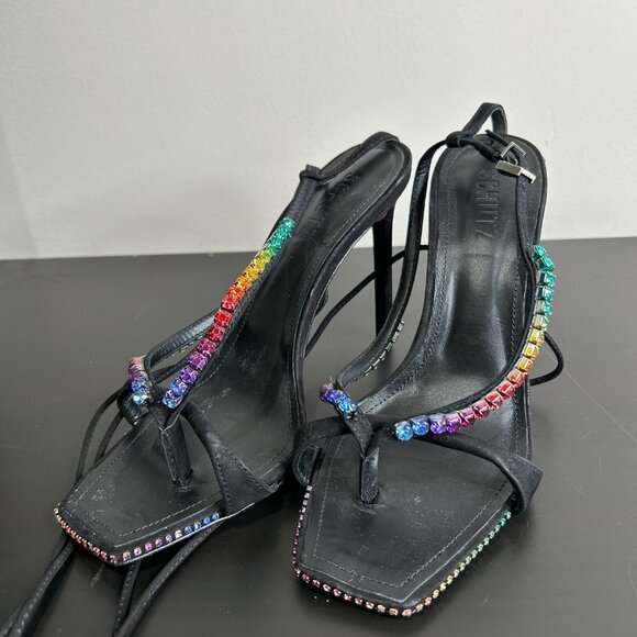Schutz Vikki Rainbow Crystal Sandal Nubuck Leather Straps Black Size 8.5 - Picture 11 of 14
